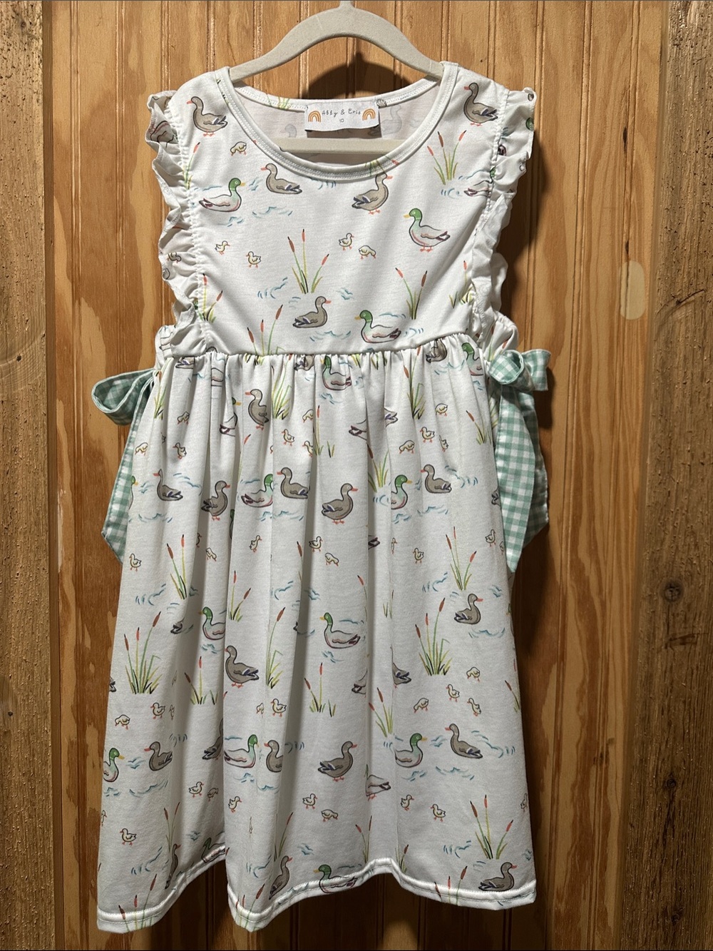 White Duck-Print Girls' 2 piece short set with Green Gingham Ties